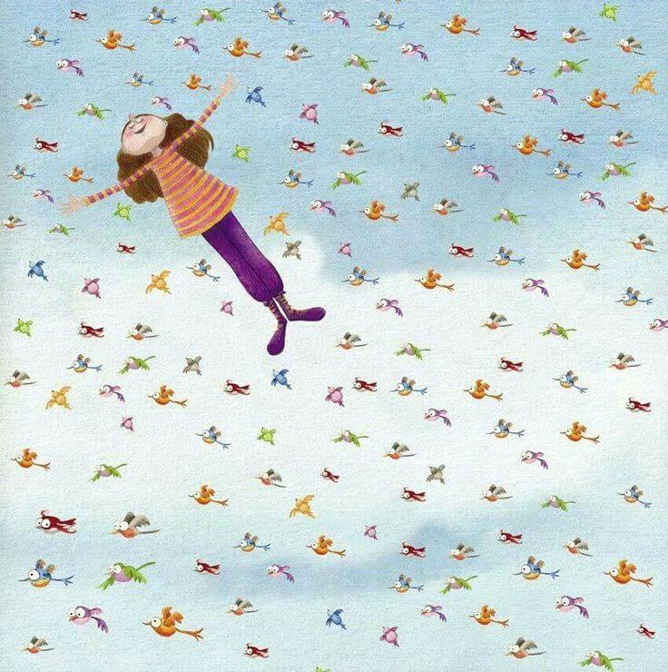 Mujer feliz volando con pájaros