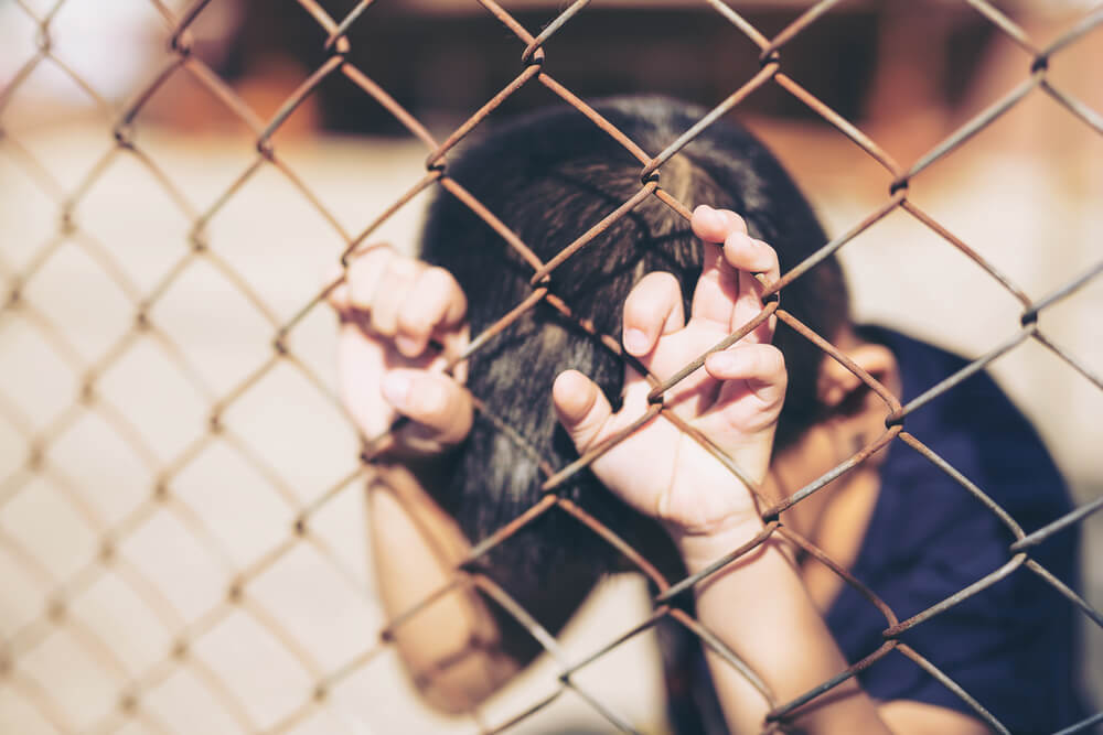 Mujer llorando agarrada a una alambrada