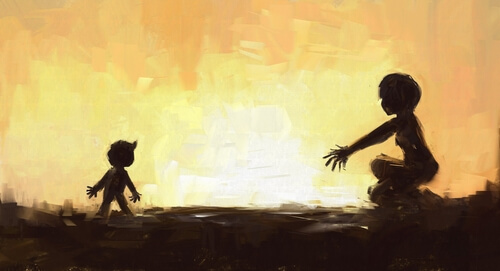 Moeder wacht tot haar zoontje haar een knuffel geeft