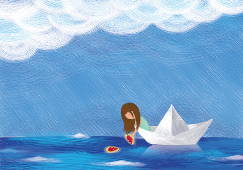 Niña lanzando corazones al agua