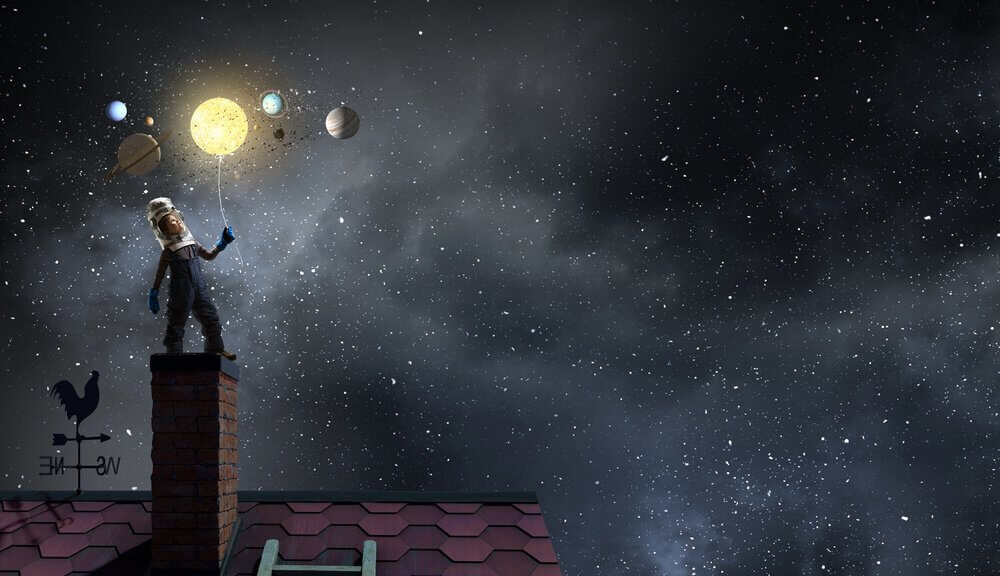 Niño con sueños y sueños de alcanzar las estrellas