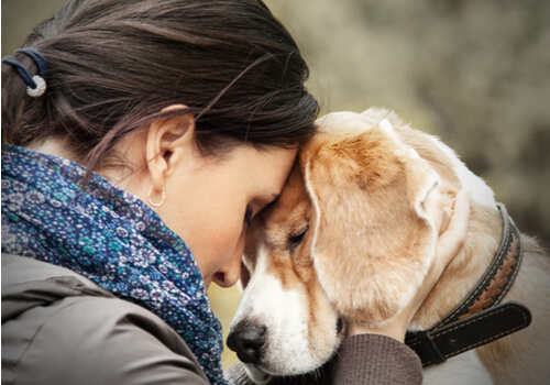 Mujer frente a frente con su perro