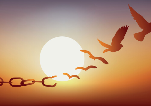 Cadenas transformándose en pájaros libres simbolizando lo que lo que necesita la condición humana según Erich Fromm