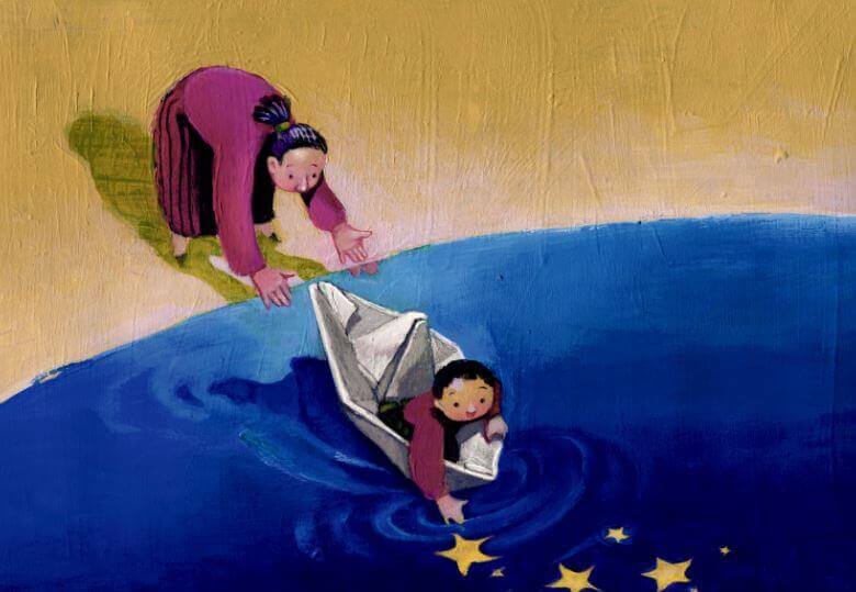 Mujer animando a un niño a alcanzar sus sueños