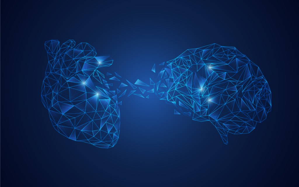 Cerebro y corazón uniendose representando lo que le pasa a nuestro cerebro cuando pensamos