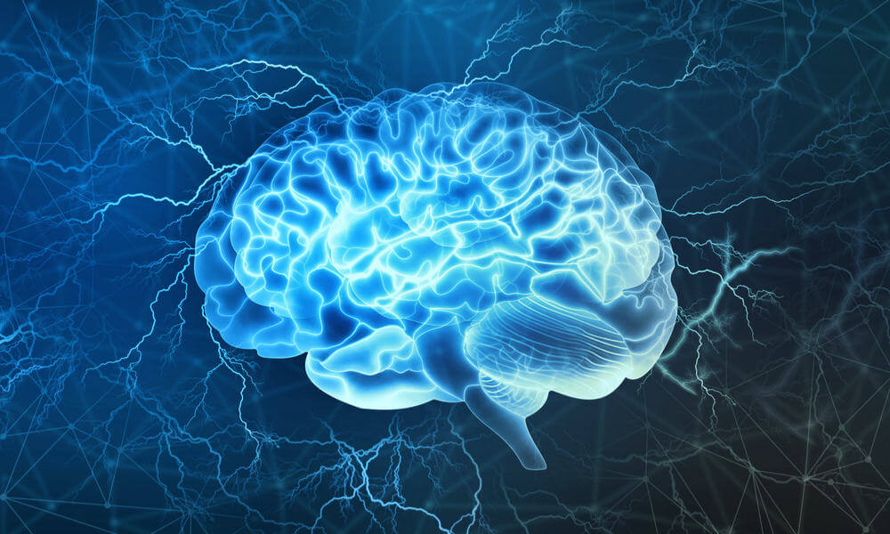 cerebro azul iluminado con la corteza prefrontal