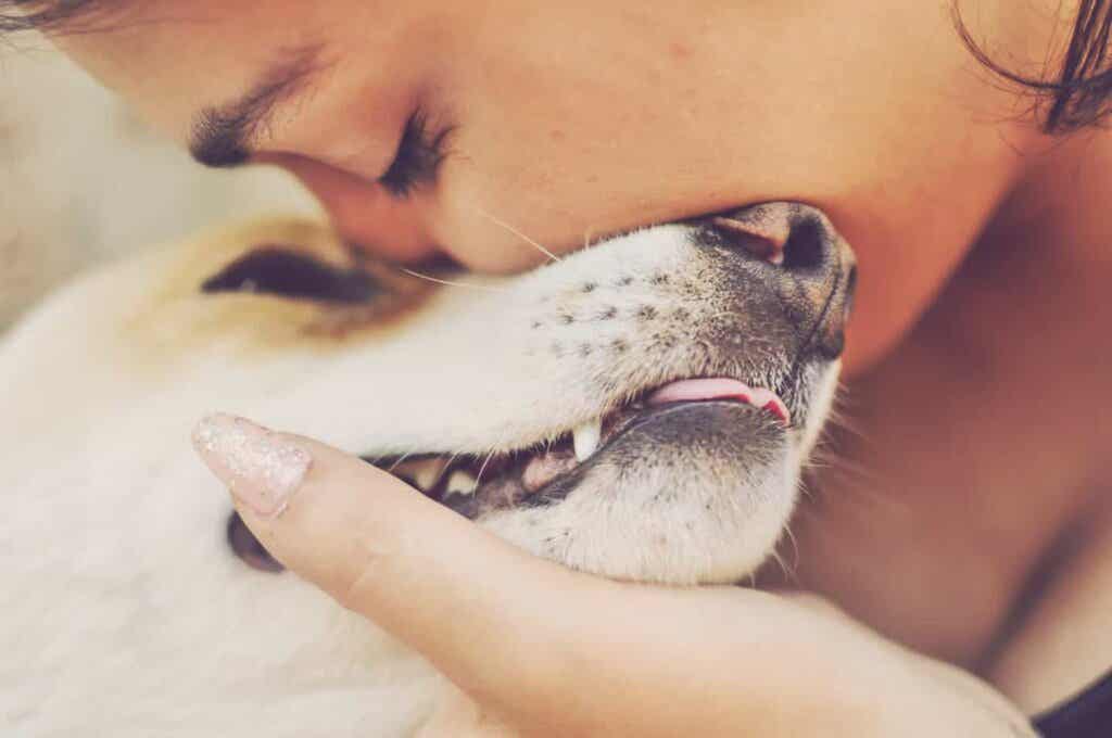 Mujer besando perro