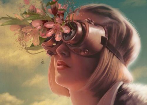 Mujer con flores en los ojos aprendiendo a aplicar técnicas de gestión emocional