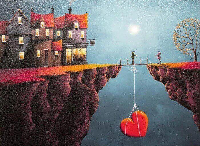 Pareja acercándose en un puente