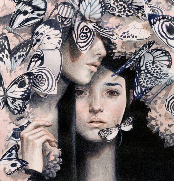 A couple and butterflies.