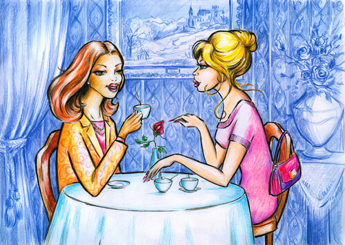 Mujeres tomando café hablando y criticando