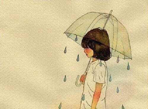 Fille avec parapluie symbolisant la tristesse