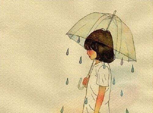 Tekening van een triest meisje onder een paraplu