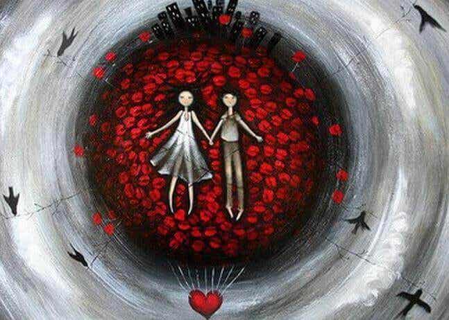 Couple surrounded by hearts and united by the legend of the red thread