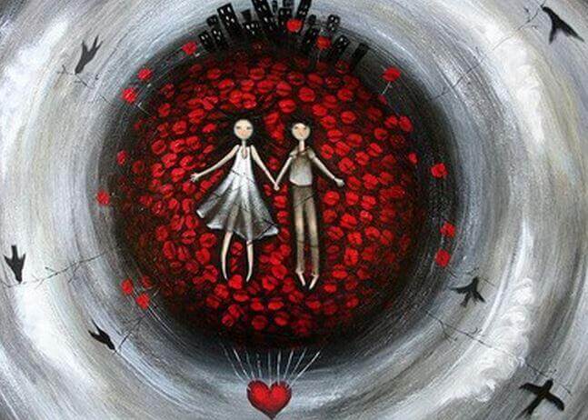 Couple surrounded by hearts and united by the legend of the red thread