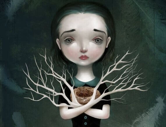 Mujer con manos en forma de ramas y corazón roto