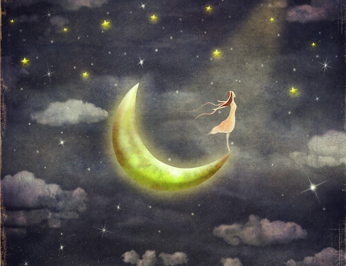 Mujer soñando en la luna