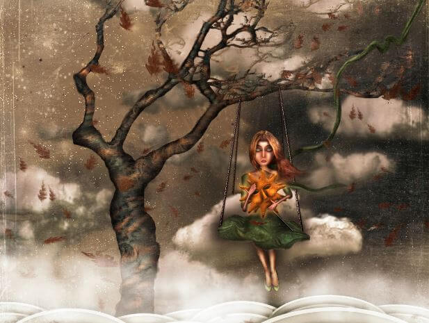 Trist kvinde på gynge under vissent træ