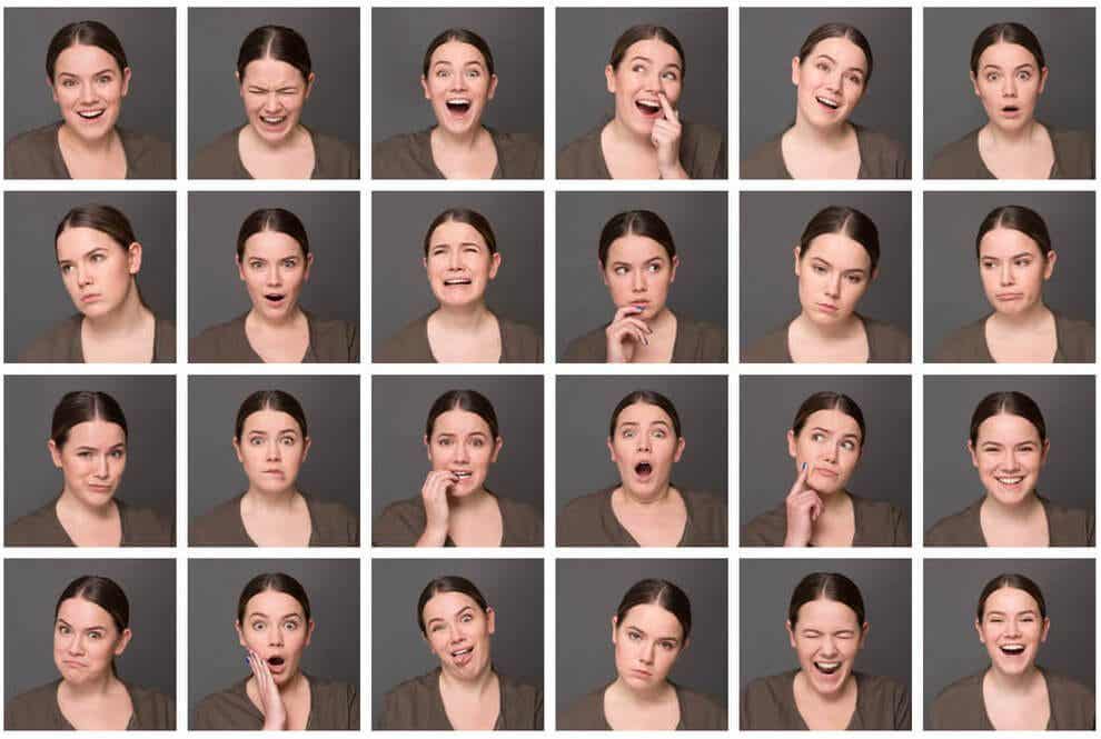 Mujer expresando emociones con varias caras