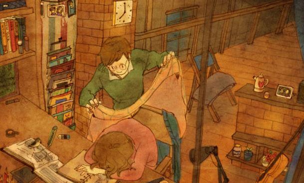 Hombre arropando a su mujer mientras duerme