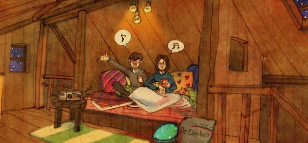 Pareja sentada feliz cantando