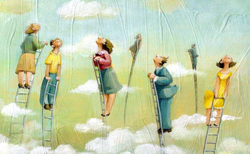 Personas subidas a escaleras mirando hacia arriba