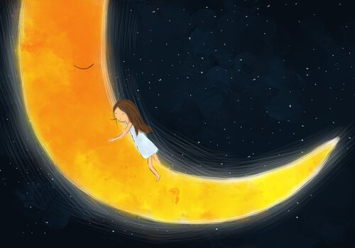 Niña abrazada a la luna que ha pasado malos momentos