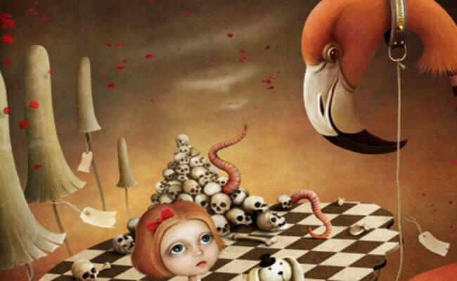 Niña con calaveras detrás