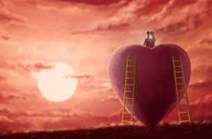 Pareja sobre un corazón mostrando amor