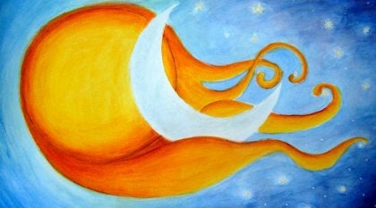 Sun cradling the moon with love