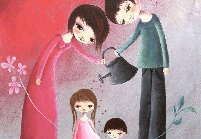 Padres regando a su hijos como símbolo de familia