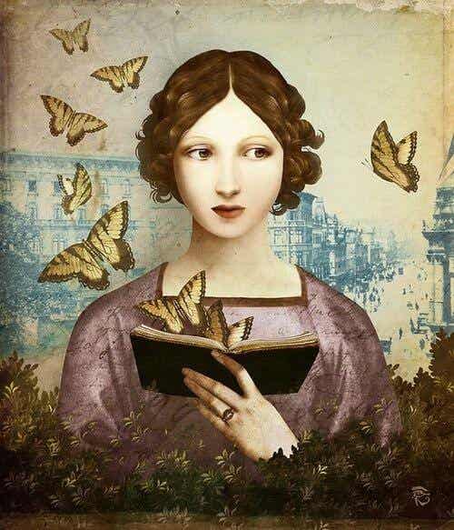 Mujer leyendo un libro sobre psicología en el que salen mariposas