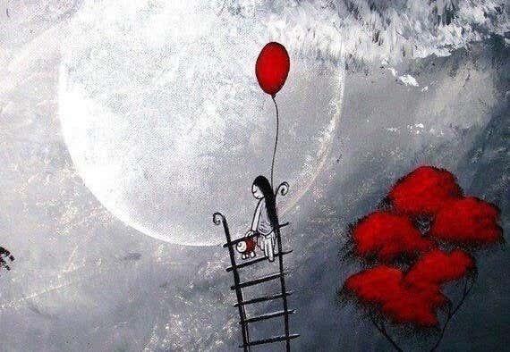 Niña triste subida a una escalera cerca de la luna con un globo rojo