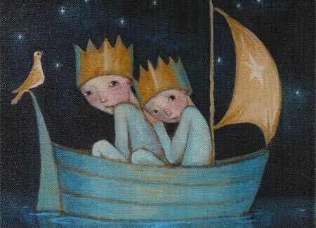 Enfants avec une couronne montant sur un bateau