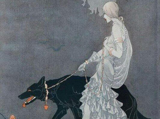 Mujer paseando a un lobo con collar