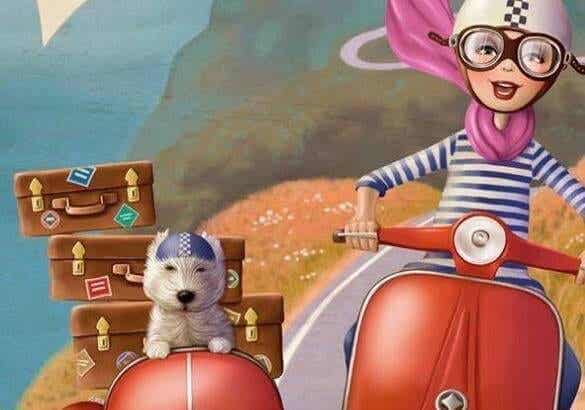 Mujer en una moto con su perro