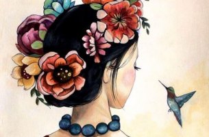 Mujer de espaldas observando el vuelo de un pájaro con una corona de flores en el pelo