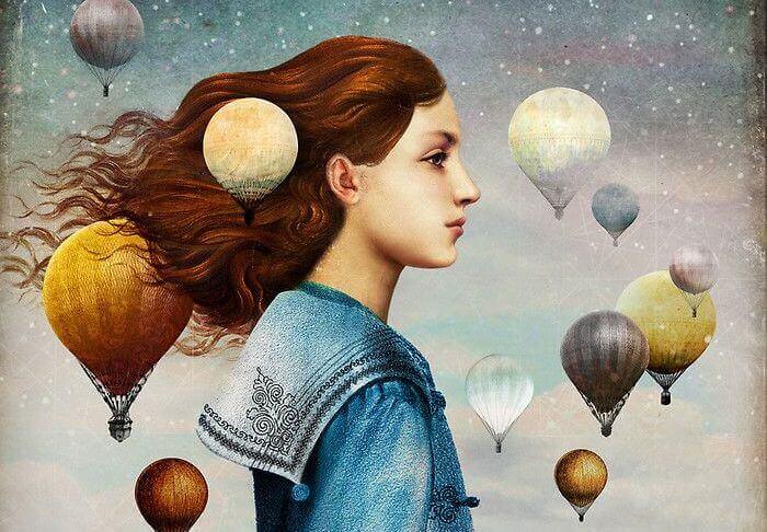 Mujer con globos alrededor