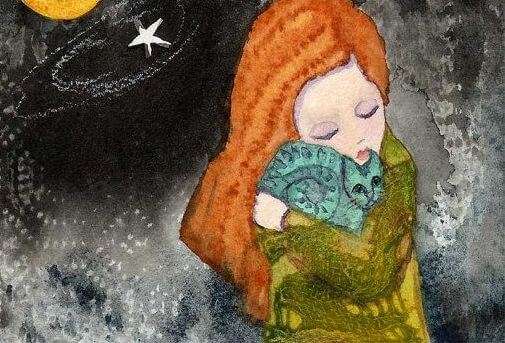 Eenzaam meisje met een kat