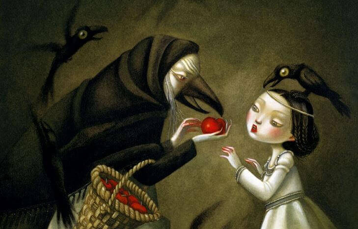 Bruja dándole la manzana roja a blancanieves