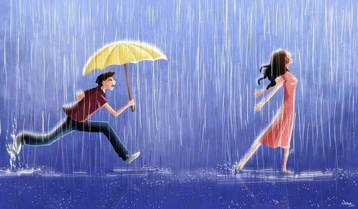 Hombre con un paraguas corriendo detrás de su chica