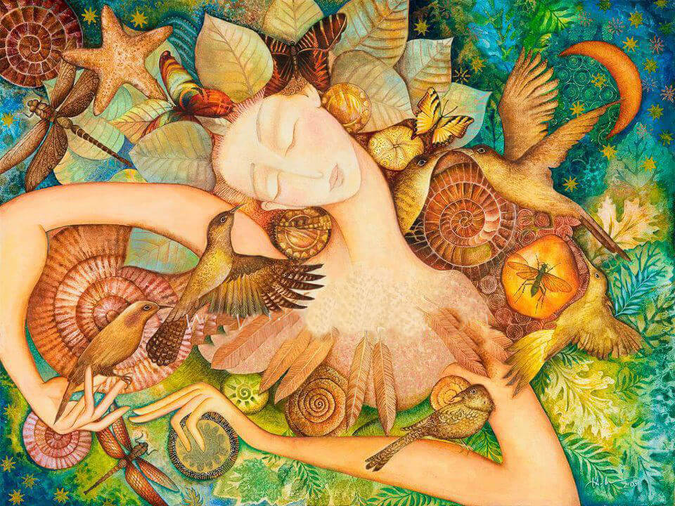 Mujer con pájaros y flores