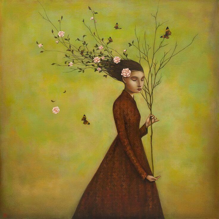Mujer con árbol sin hojas