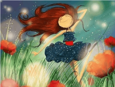 Niña feliz sonriendo entre amapolas