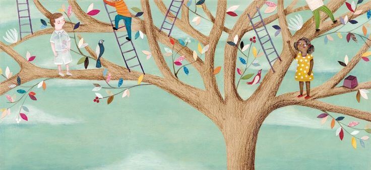 Niños subidos a un árbol escalando