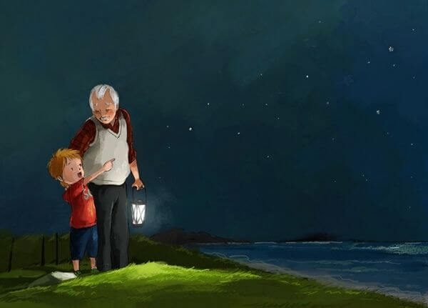 Nieto y abuelo mirando las estrellas