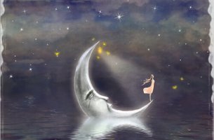 Niña de pie encima de la luna observando el infinito
