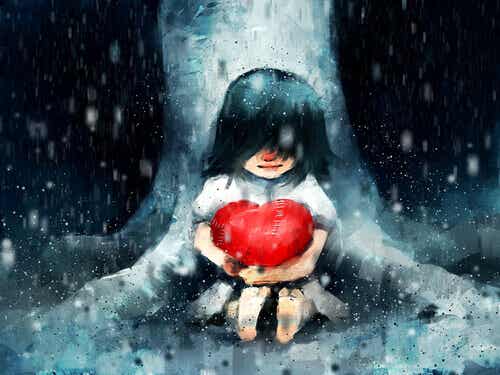 Tegning af pige, der krammer hjerte under træ i silende regn