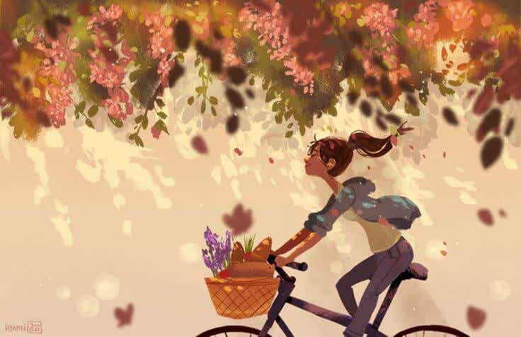 Chica en bici pensando lo bueno de pasar tiempo a solas