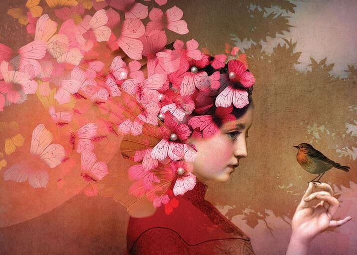 Mujer con la cabeza llena de flores y un pájaro en la mano